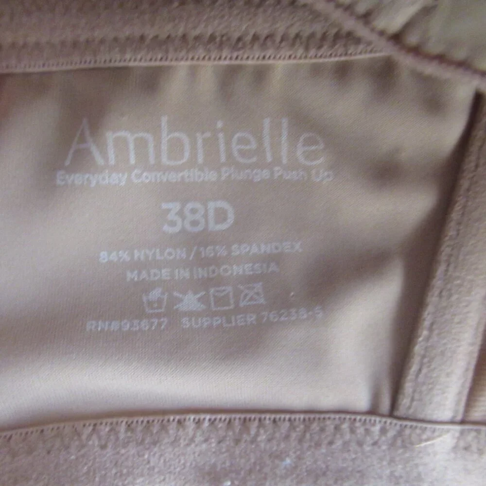 Ambrielle Bra 38D Everyday Convertible Plunge Push up Beige Tan Underwire Padded